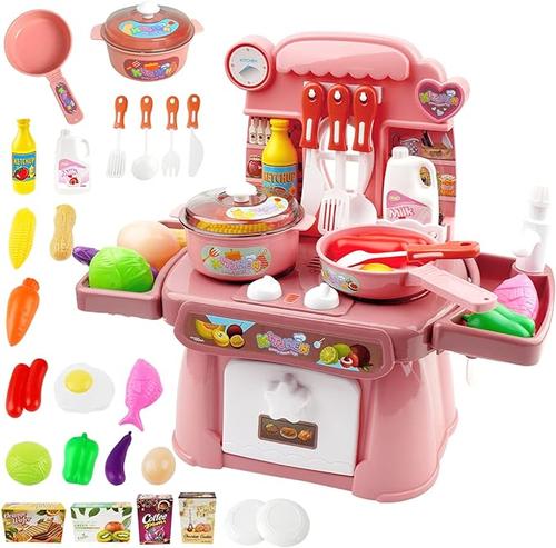 Kids Pretend Play Kitchen Set with Spray Water – ABS Dinnerware and Mini Food