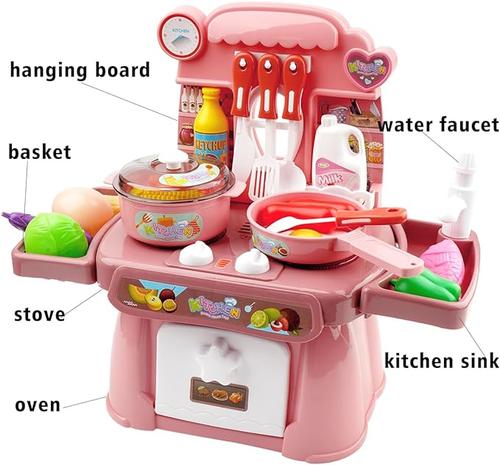 Kids Pretend Play Kitchen Set with Spray Water – ABS Dinnerware and Mini Food