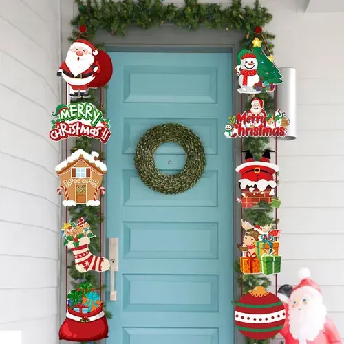 Merry Christmas Door Hanging Banner with Santa Claus and Snowman -  Home Decoration