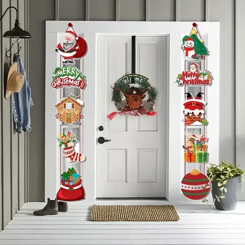 Merry Christmas Door Hanging Banner with Santa Claus and Snowman -  Home Decoration