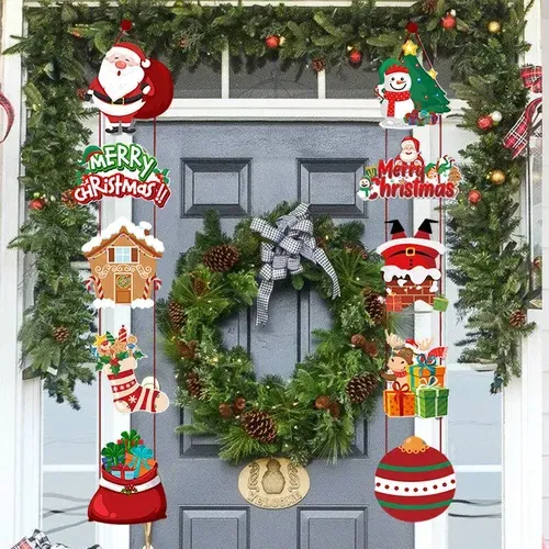 Merry Christmas Door Hanging Banner with Santa Claus and Snowman -  Home Decoration