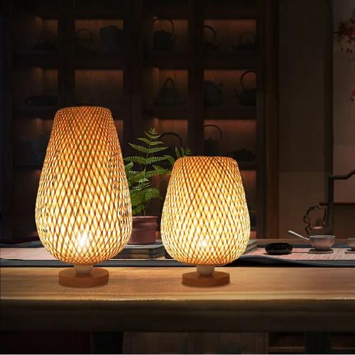 Modern Bamboo and Rattan Desk Lamp with Adjustable Shade