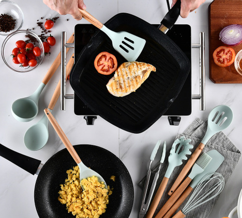 Non-Stick Kitchen Utensils Set with Wooden Handle and Silicone Heads