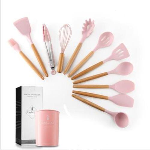 Non-Stick Kitchen Utensils Set with Wooden Handle and Silicone Heads