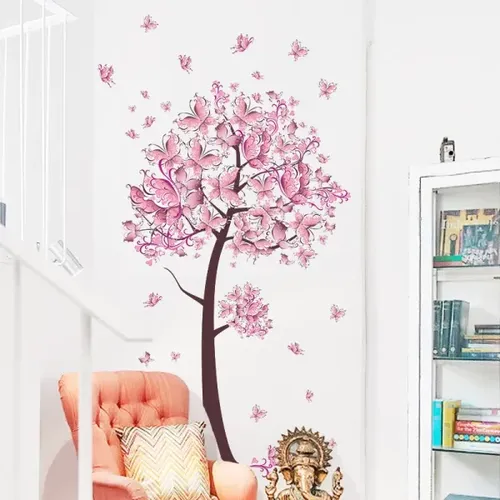 Pink Butterfly Flower Tree Wall Decals for Girls Women Living Room Bedroom Decor