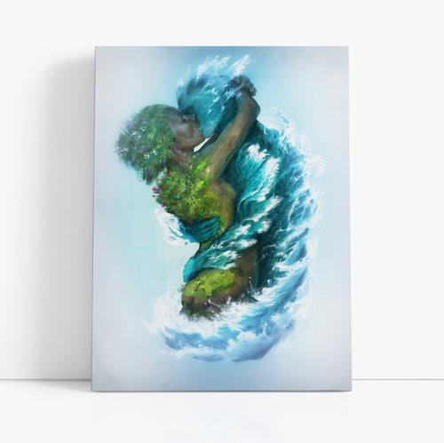 Sea and Land Couple Kiss Poster - Abstract Surrealism Wall Art for Living Room