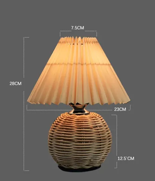 Vintage Rattan Pleated Table Lamp with USB Cable, Warm White Light, Nordic Style, for Living Room, Bedroom, Desk, Gift