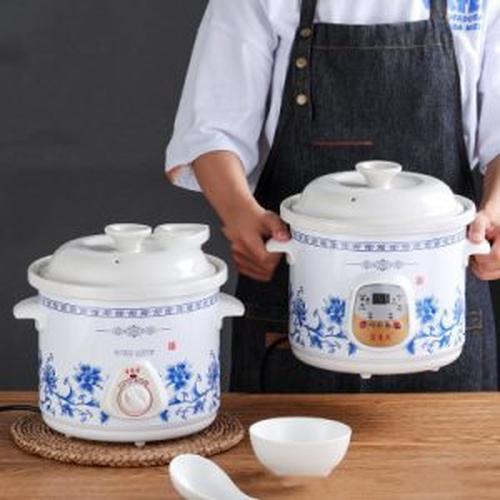 White Porcelain Automatic Electric Stew Pot, Slow Cooker Mechanical Timer