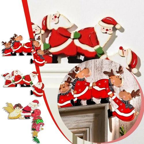 Wooden Christmas Door Frame Decoration with Cartoon Santa, Elk, and Angel