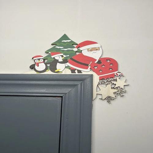 Wooden Christmas Door Frame Decoration with Cartoon Santa, Elk, and Angel